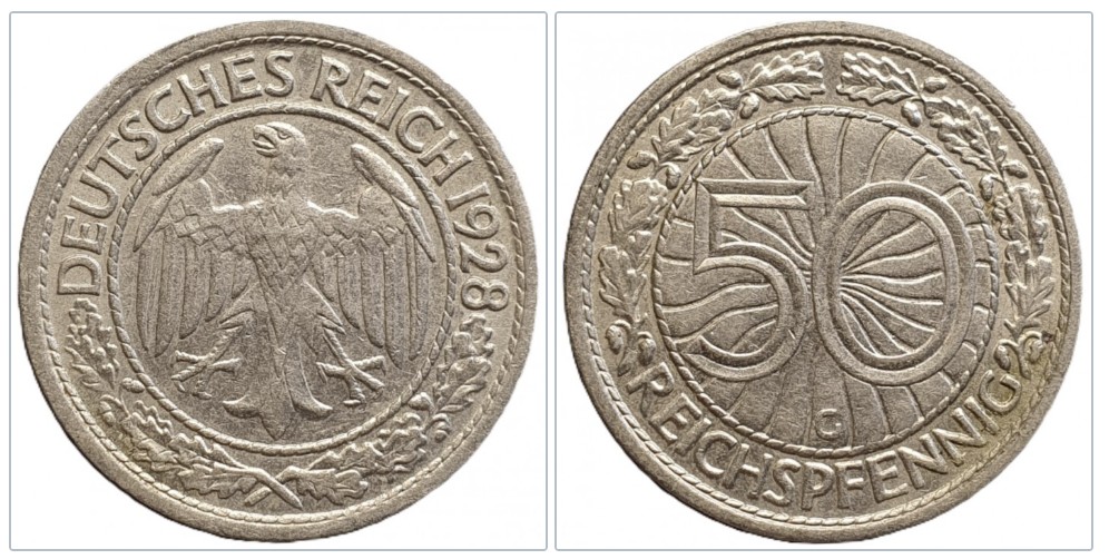  Deutschland 50 Reichspfennig, 1928 Münzzeichen G - Karlsruhe #7   