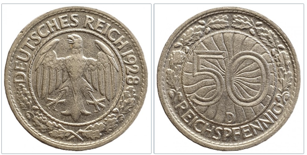  Deutschland 50 Reichspfennig, 1928 Münzzeichen D - München #8   
