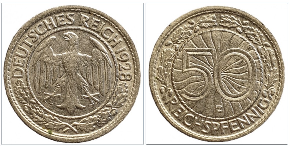 Deutschland 50 Reichspfennig, 1928 Münzzeichen F - Stuttgart #9   