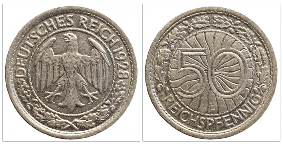  Deutschland 50 Reichspfennig, 1928 Münzzeichen E - Muldenhütten #11   