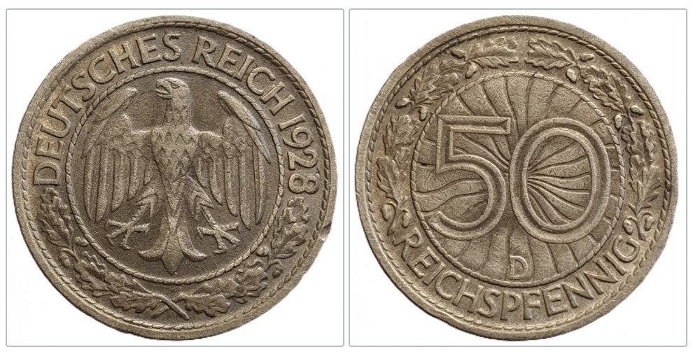  Deutschland 50 Reichspfennig, 1928 Münzzeichen D - München #13   