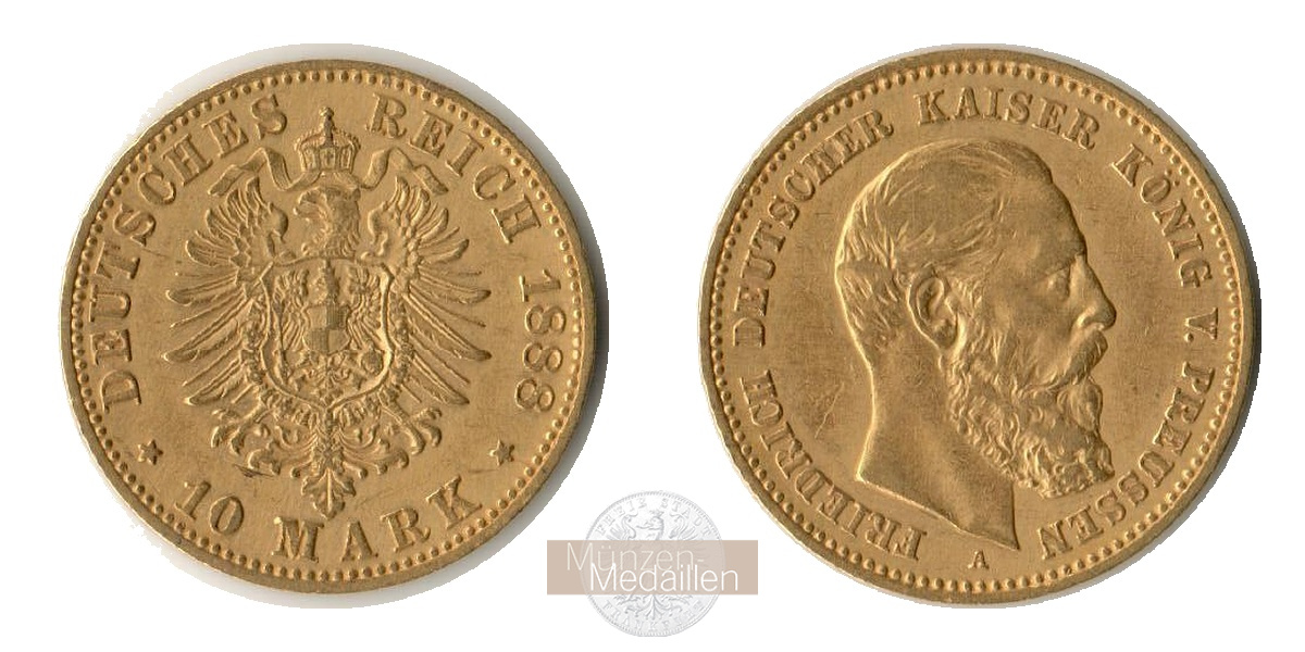 Dt. Kaiserreich. Preussen, Friedrich III MM-Frankfurt Feingewicht: 3,58g Gold 10 Mark 1888 A  