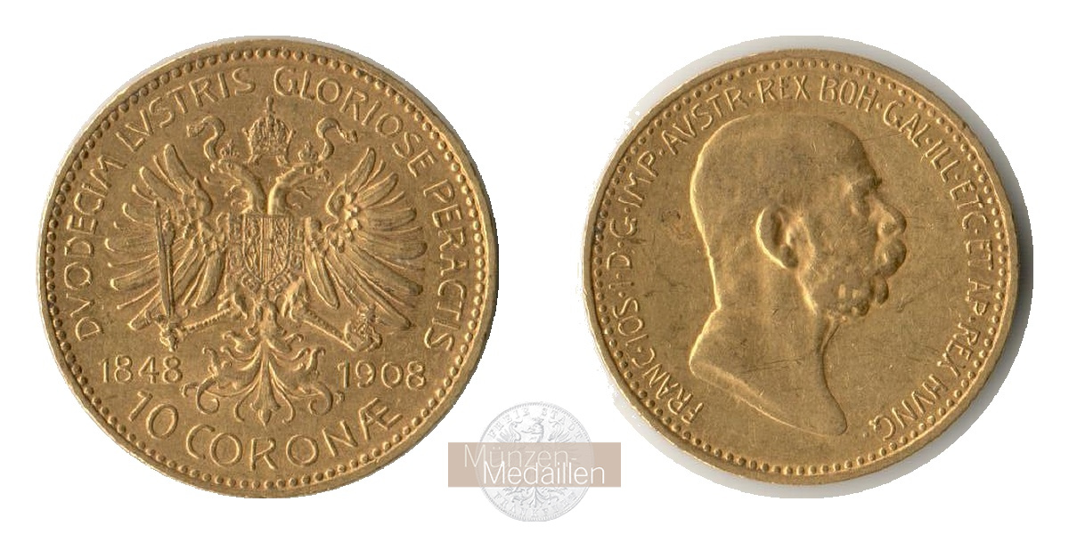 Österreich. Franz Josef I. 1848-1916 MM-Frankfurt Feingold: 3,05g 10 Kronen 1908  