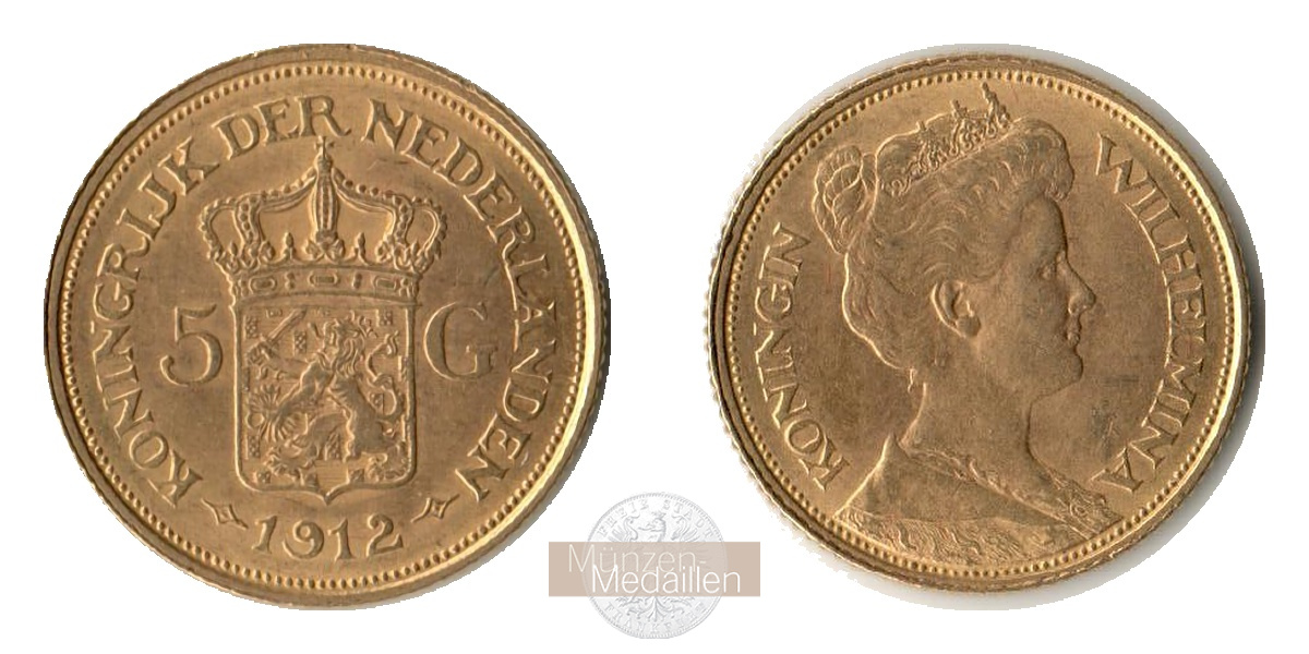 Niederlande, Wilhelmina 1890-1948 MM-Frankfurt KM#151 Feingold: 3,02g 5 Gulden 1912 1912 