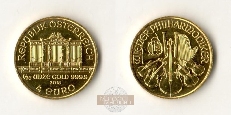 Österreich.  4 Euro 2015 MM-Frankfurt Feingold: 1,24g Wiener Philharmoniker 2015 