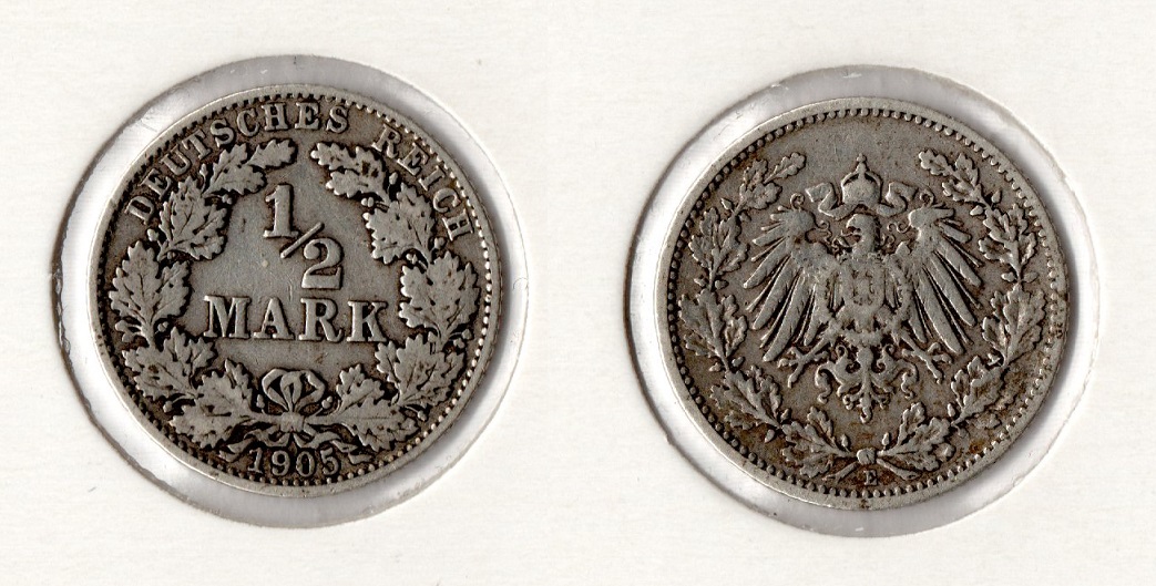  Kaiserreich 1/2 Mark 1905 -E- ** sehr schön ** Silber Jaeger 16.   