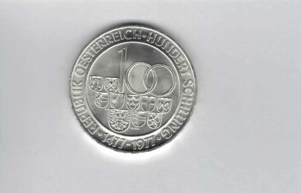  100 Schilling 1977 500 Jahre Münzstätte Hall/Tirol 15,36g fei Ag Österreich Spittalgold9800 01914/16   