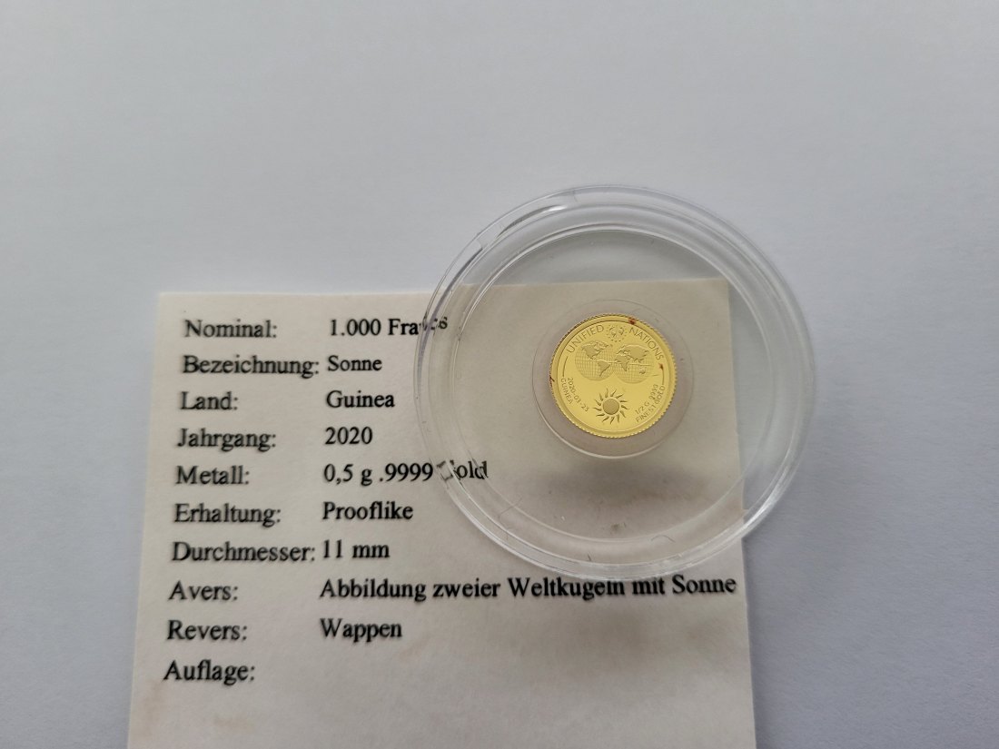  1000 Francs 2020 Sonne Unified Nation Goldmünze 0,5g 9999 Guinea Spittalgold9800 (5525   