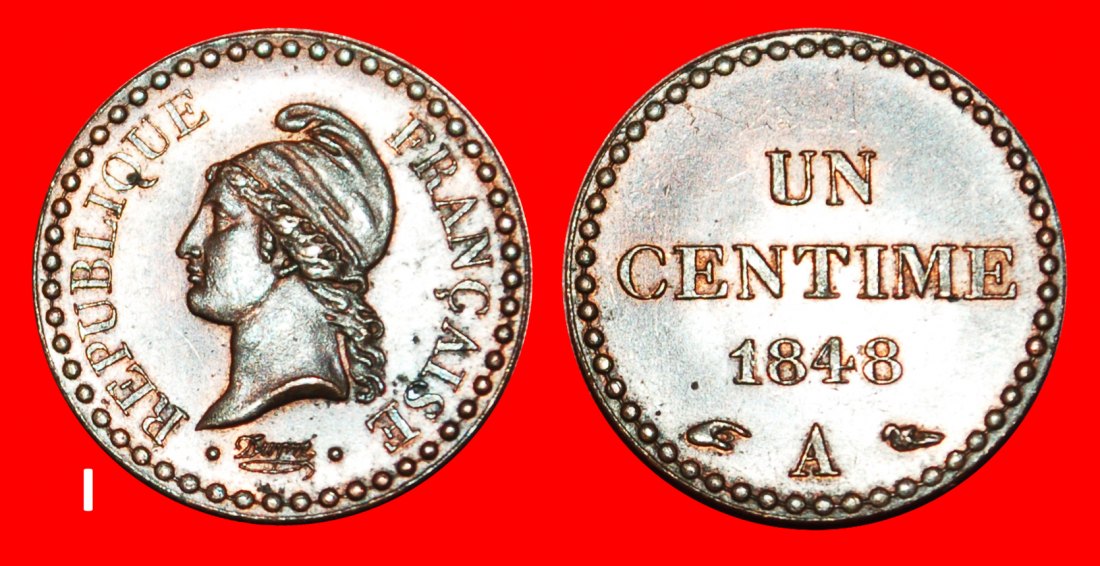 Ⰺ II REPUBLIC (1848-1852):FRANCE★1 CENTIME 1848A MINT LUSTRE★JUST PUBLISHED! LOW START ★ NO RESERVE!