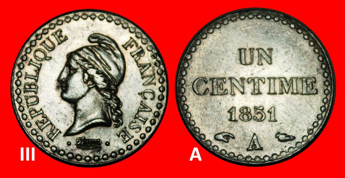 Ⰺ II REPUBLIC (1848-1852):FRANCE★1 CENTIME 1851A MINT LUSTRE! DISCOVERY COIN★LOW START ★ NO RESERVE!
