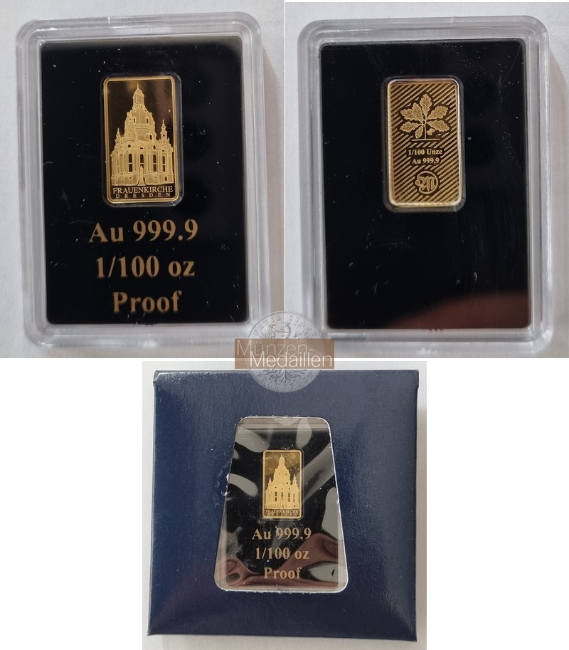 Deutschland, Frauenkirche Dresden MM-Frankfurt Feingold: 0,311g Goldbarren 1/100 Unze