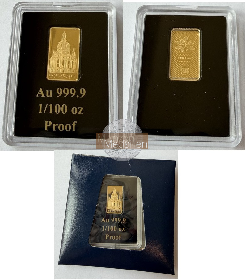 Deutschland, Frauenkirche Dresden MM-Frankfurt  Feingold: 0,311g Goldbarren 1/100 Unze  