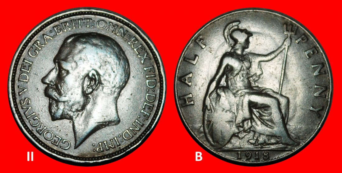 Ⰺ MISTRESS OF SEAS:GREAT BRITAIN★1/2 PENNY 1918★GEORGE V 1911-1936 PUBLISHED★LOW START ★ NO RESERVE!