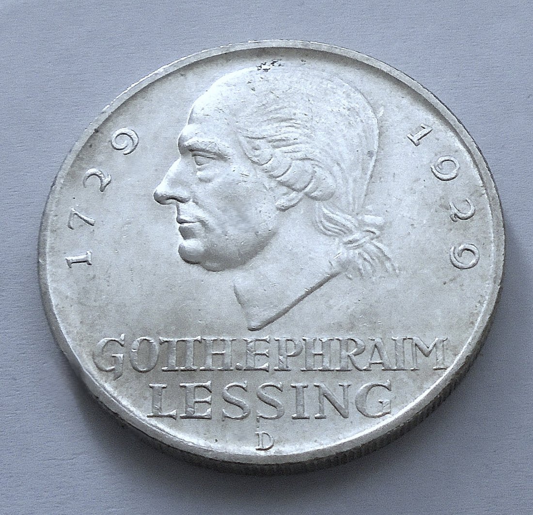 Silber-Gedenkmünze Weimarer Republik: 5 Reichsmark 1929 D - G. E. LESSING
