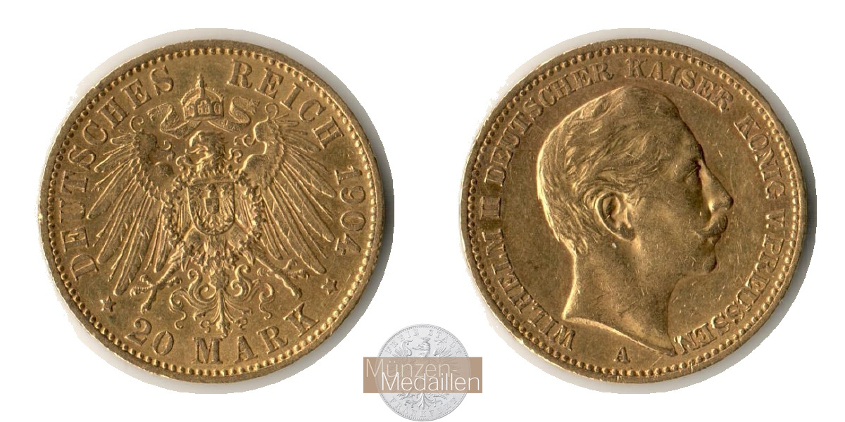 Dt. Kaiserreich. Preussen Wilhelm II. MM-Frankfurt Feingold: 7,17g 20 Mark 1904 A 