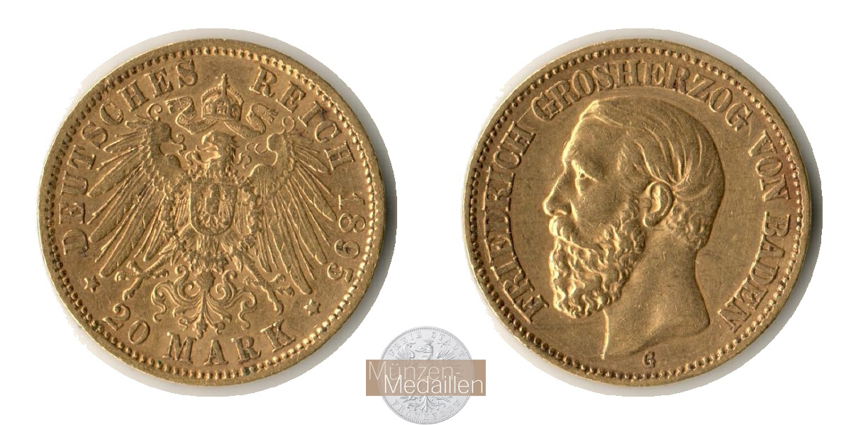 Deutsches Kaiserreich, Baden. MM-Frankfurt Feingewicht: 7,17g Gold 20 Mark 1895 G 