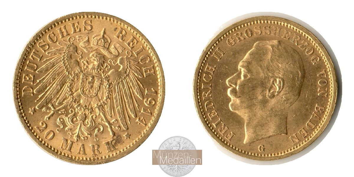 Baden, Königreich 20 Mark MM-Frankfurt Feingold: 7,17g Friedrich II. 1907-1918 1914 G 