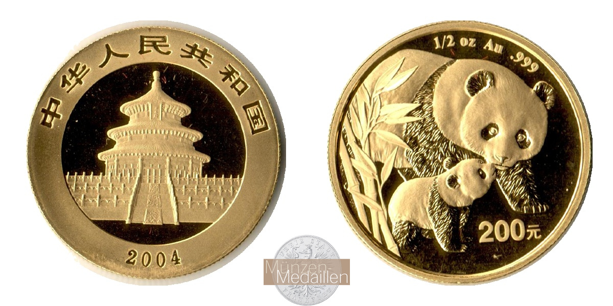 China  200 Yuan MM-Frankfurt Feingold: 15,55g Panda 2004 