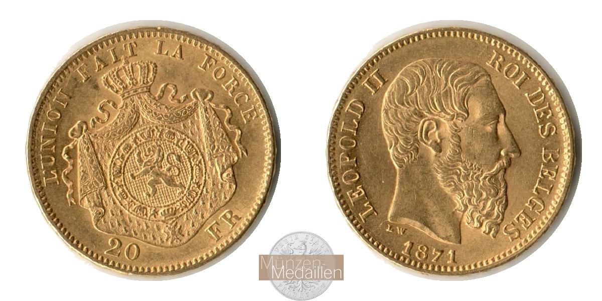  Belgien 20 Francs Léopold II (finer beard) 1871 (1870-1882) MM-Frankfurt Feingold: 5,805g   