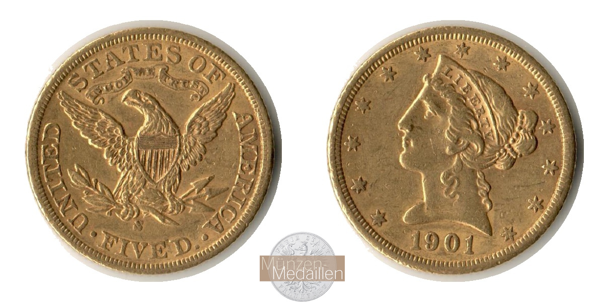 USA  5 Dollar MM-Frankfurt   Feingold: 7,52g Half Eagle 1901 