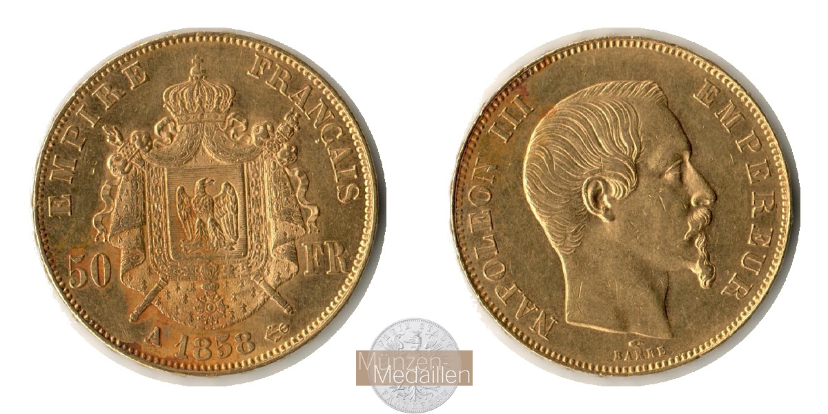 Frankreich MM-Frankfurt Feingold: 14,52g 50 Francs 1858 A 