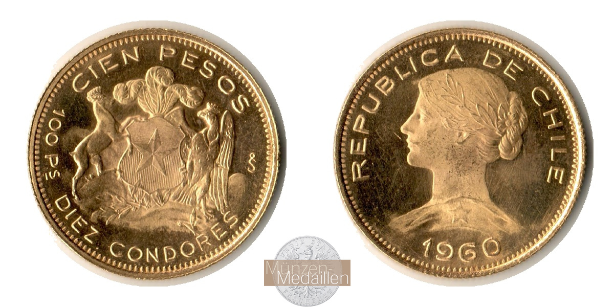 Chile MM-Frankfurt  Feingold: 18,30g 100 Pesos 1960 