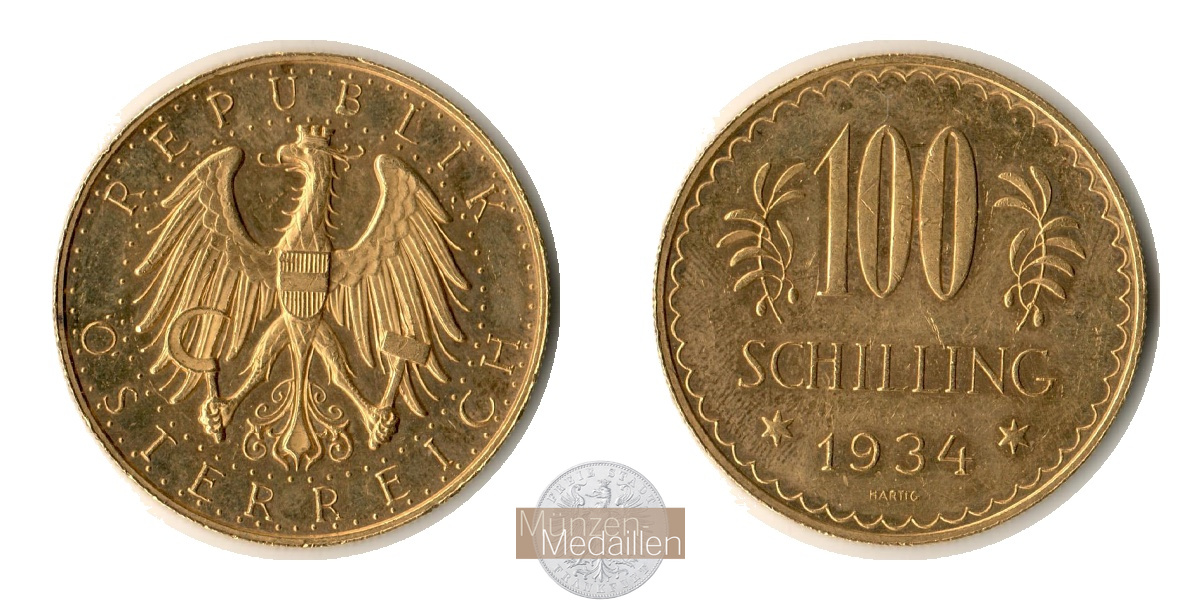 Österreich  100 Schilling  1934 MM-Frankfurt Feingold: 21,17g Adler mit Mauerkrone und Landeswappen auf der Brust 