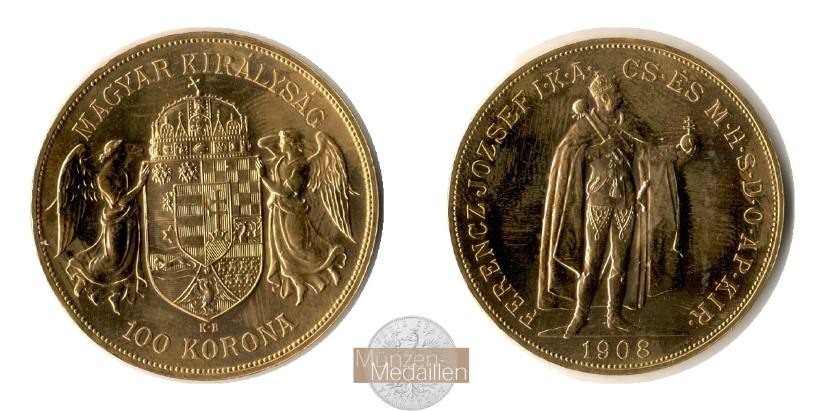 Ungarn, Franz Joseph I. MM-Frankfurt Feingold: 30,49g 100 Kronen 1908 KB 