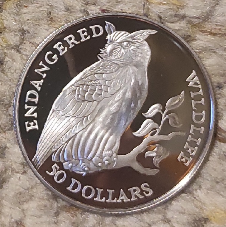  Cook Island 50 Dollar 1991, SILBER, vom Aussterben bedrohte Wildtiere - Gehörnte Uhu   