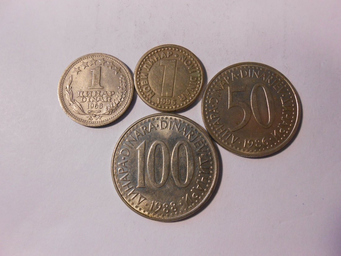 hn40 / Jugoslawien, 4er Lot, 1 Dinar 1968 (KM# 48), 1 Dinar 1996 (KM# 168) und 50 Dinar 1986 (KM# 11
