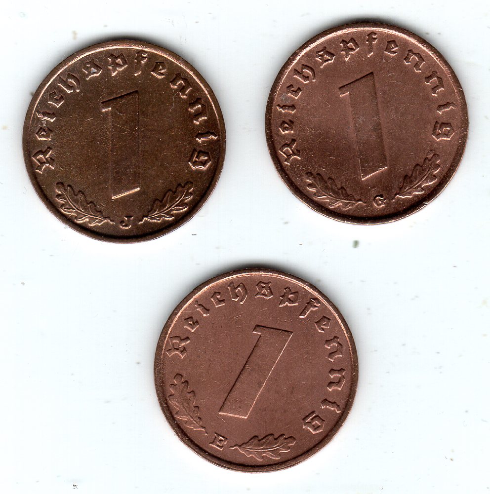 Drittes Reich 3 mal 1 Reichspfennig 1937 E, G, J