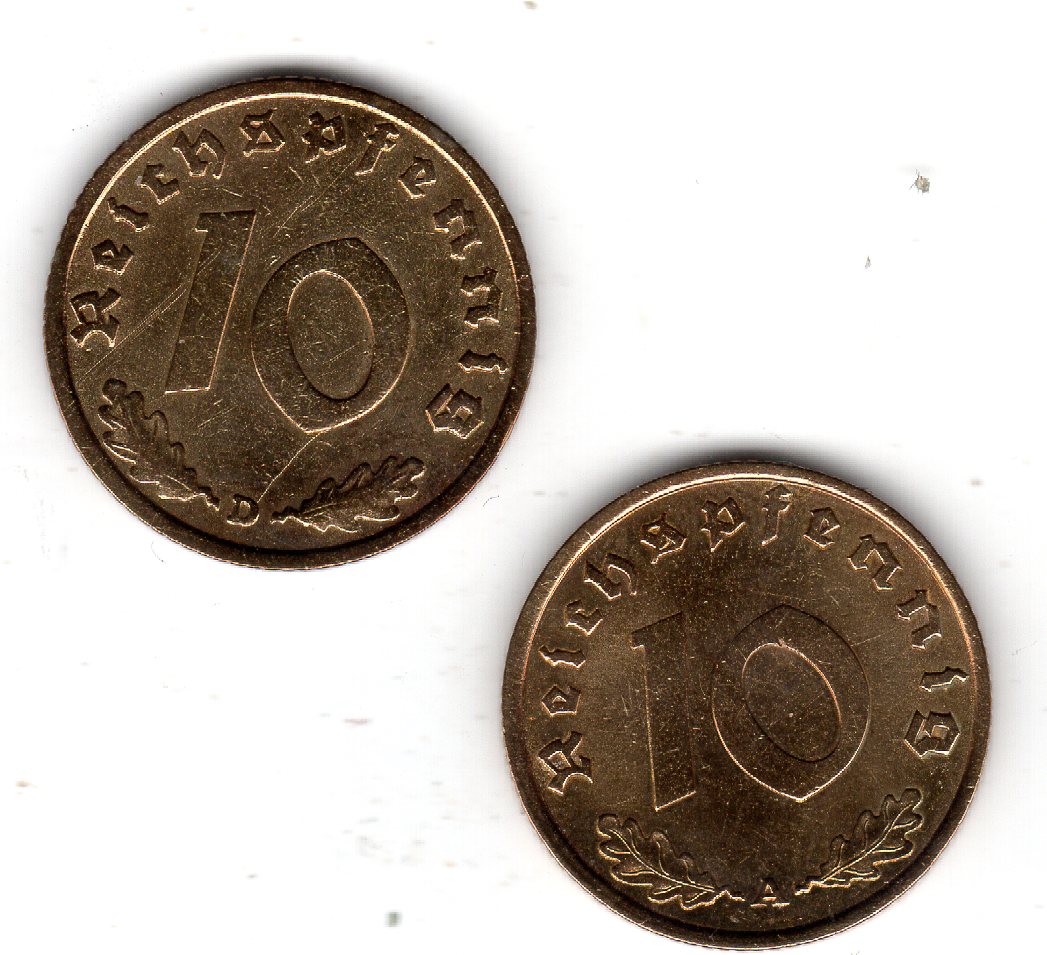 Drittes Reich 2 mal 10 Reichspfennig 1938 A und D