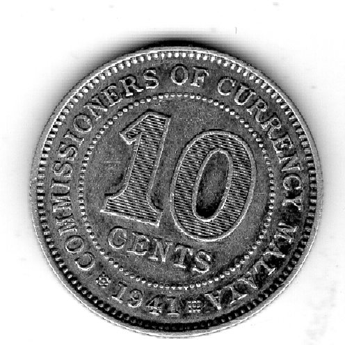 Britisch Malaysia 10 Cent 1941 Silber