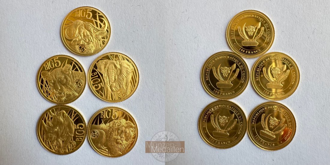 Afrika Kongo 5x 100 Francs Big Five 2017 MM-Frankfurt Feingold: 2,5g