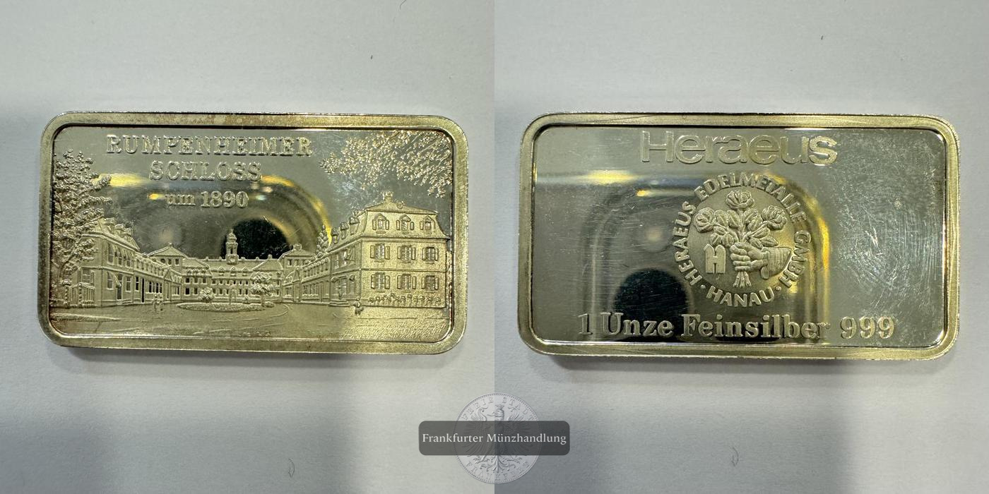 Deutschland Heraeus Silberbarren 1oz Rumpenheimer Shloss FM-Frankfurt Feinsilber: 31,1g   
