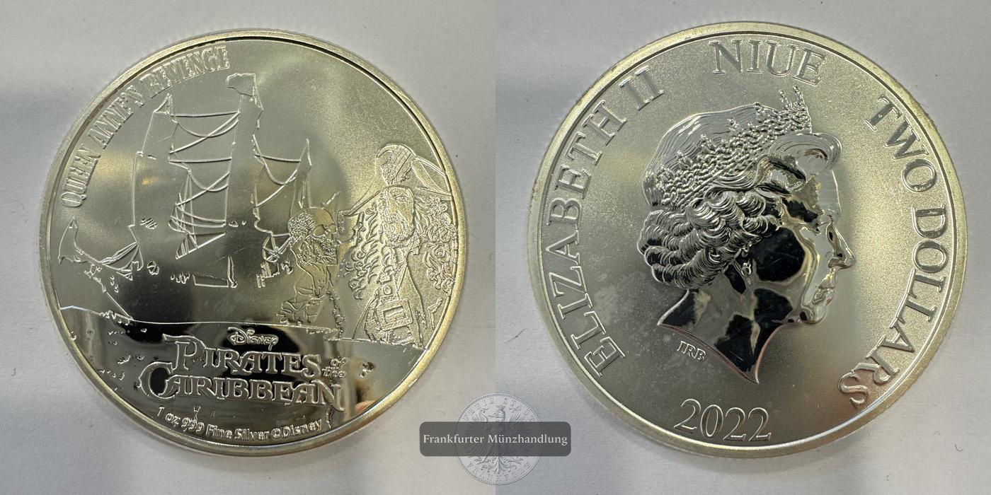  Niue 2 Dollars Elizabeth II (Queen Anne's Revenge) 2022 FM-Frankfurt KM#4966 Feinsilber: 31,1g   