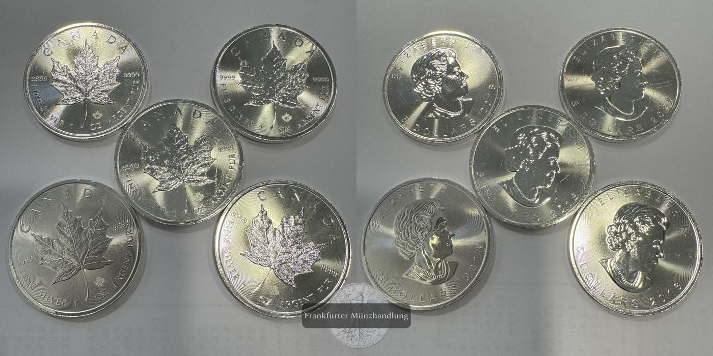  Kanada 5x 5 Dollars 2018 Maple Leaf FM-Frankfurt KM#1601 Feinsilber: 155,5g   
