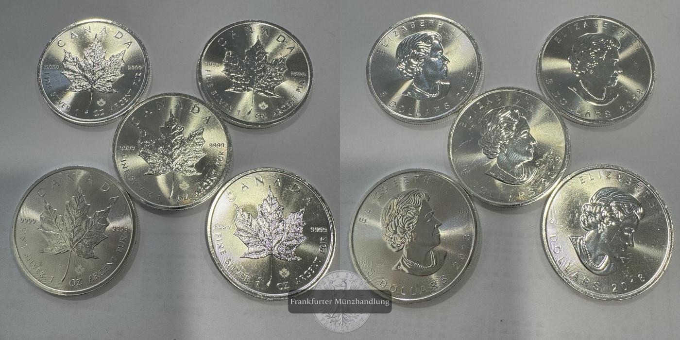  Kanada 5x 5 Dollars 2018 Maple Leaf FM-Frankfurt KM#1601 Feinsilber: 155,5g   