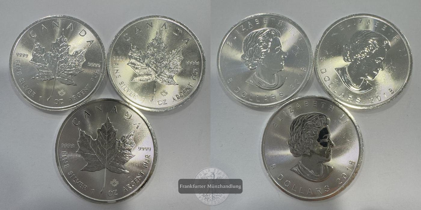  Kanada 3x 5 Dollars 2018 Maple Leaf FM-Frankfurt KM#1601 Feinsilber: 93,3g   