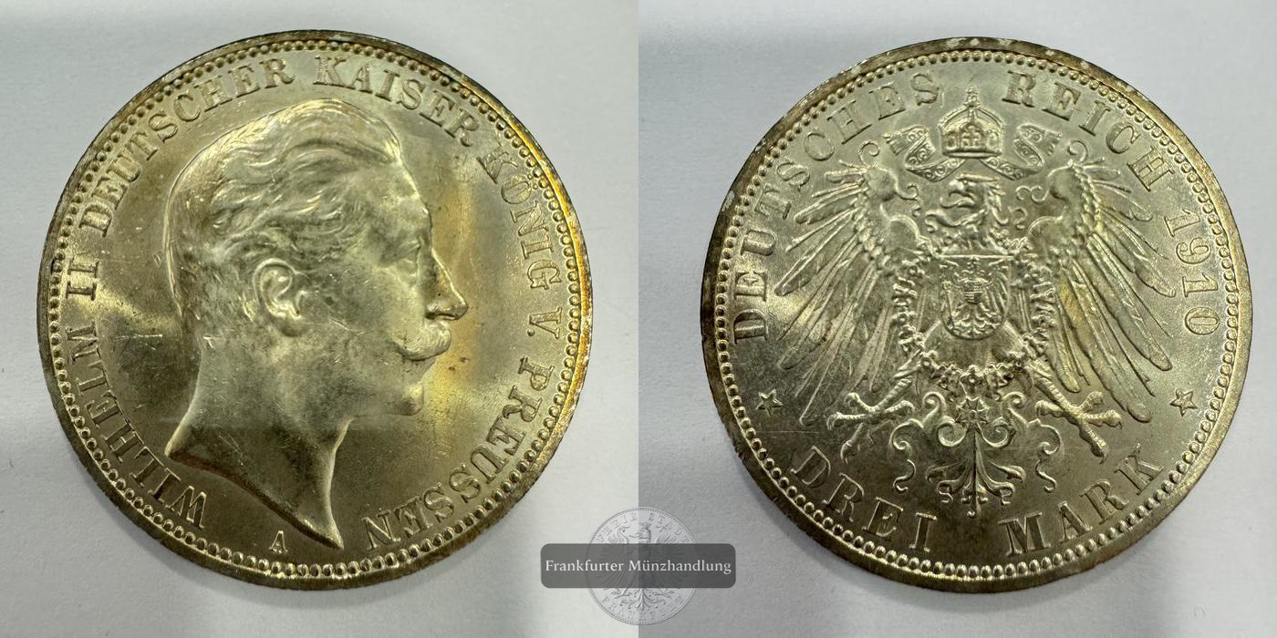  Dt. Kaiserreich, Preussen 3 Mark 1910 'A' Wilhelm II FM-Frankfurt KM#527 Feinsilber: 15g   