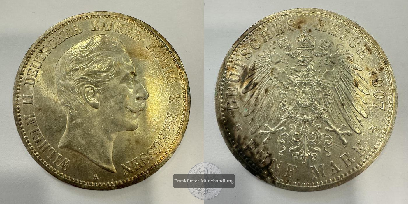  Deutsches Kaiserreich 5 Mark 1907 'A' Preußen Wilhelm II FM-Frankfurt KM#523 Feinsilber: 25g   
