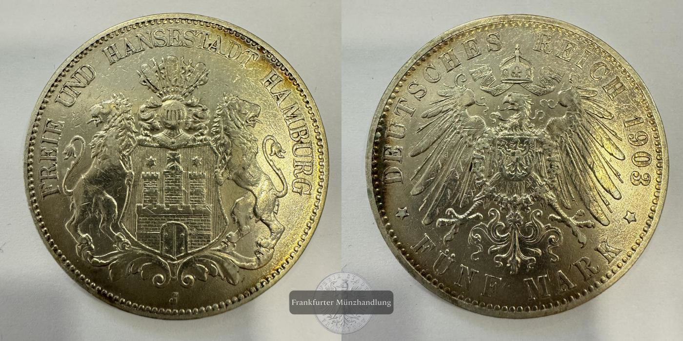  Deutschland Deutsches Kaiserreich 5 Mark 1903 'J' FM-Frankfurt KM#610 Feinsilber: 24,993g   