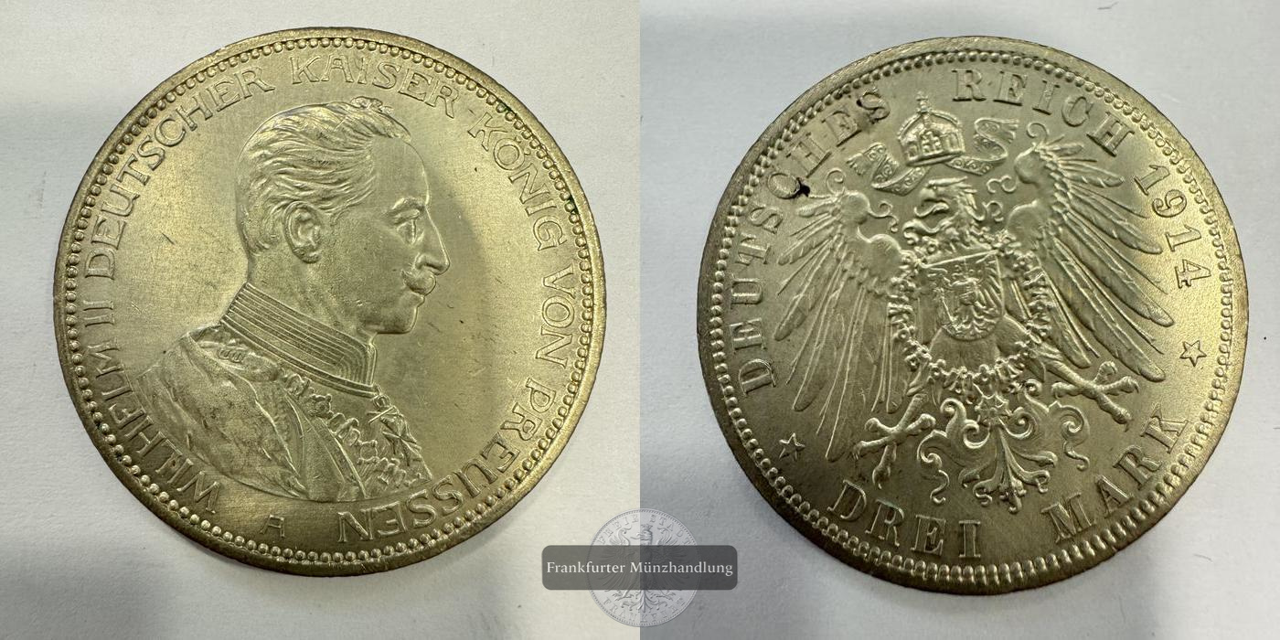  Dt. Kaiserreich. 3 Mark Wilhelm II Preußen 1914 Uniform 'A' FM-Frankfurt KM#538 Feinsilber: 15g   