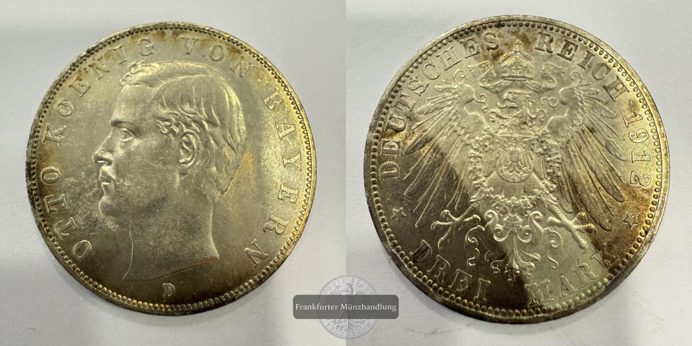 Dt. Kaiserreich Bayern 3 Mark 1912 Otto FM-Frankfurt KM#996 Feinsilber: 15g   
