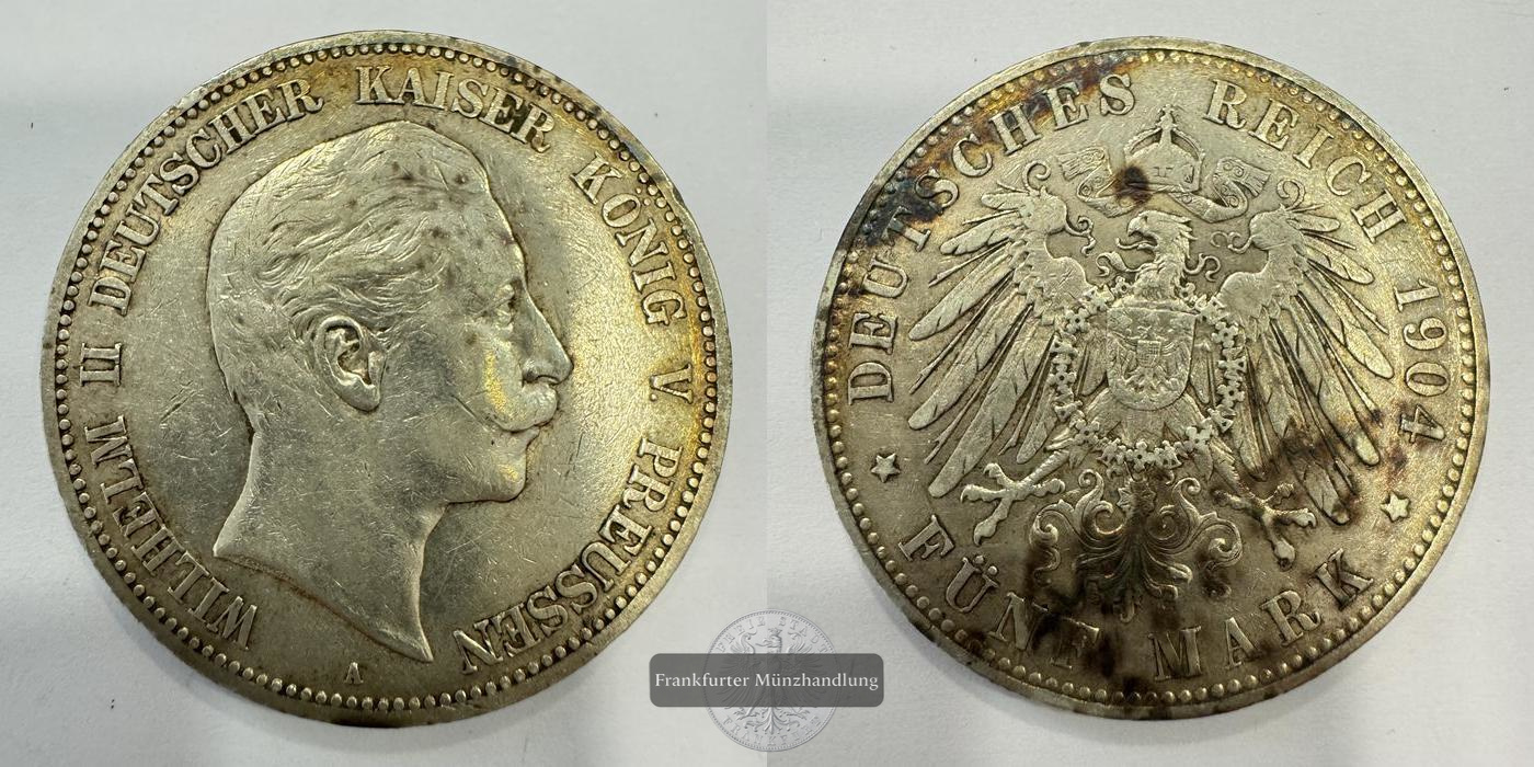  Dt. Kaiserreich Preußen 5 Mark 1904 (1891-1908) A Wilhelm II FM-Frankfurt KM#523 Feinsilber: 25g   