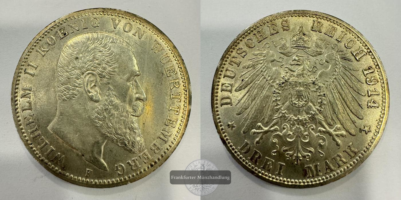  Dt. Kaiserreich Württemberg 3 Mark 1914 Wilhelm II F FM-Frankfurt KM#635 Feinsilber: 15g   