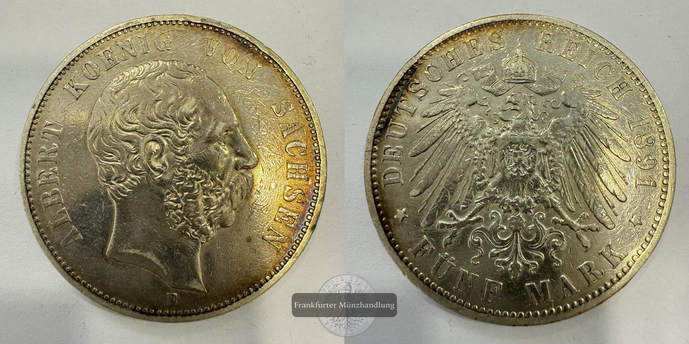  Deutsches Kaiserreich Sachsen 5 Mark 1891 E Albert KM#1246 FM-Frankfurt  Feinsilber: 25g   