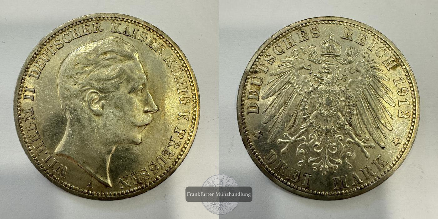  Dt. Kaiserreich, Preussen 3 Mark 1912 'A' Wilhelm II FM-Frankfurt KM#527 Feinsilber: 15g   