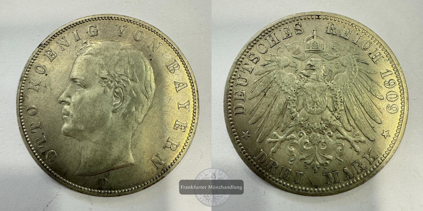  Dt. Kaiserreich Bayern 3 Mark 1909 Otto 'D' FM-Frankfurt KM#996 Feinsilber: 15g   