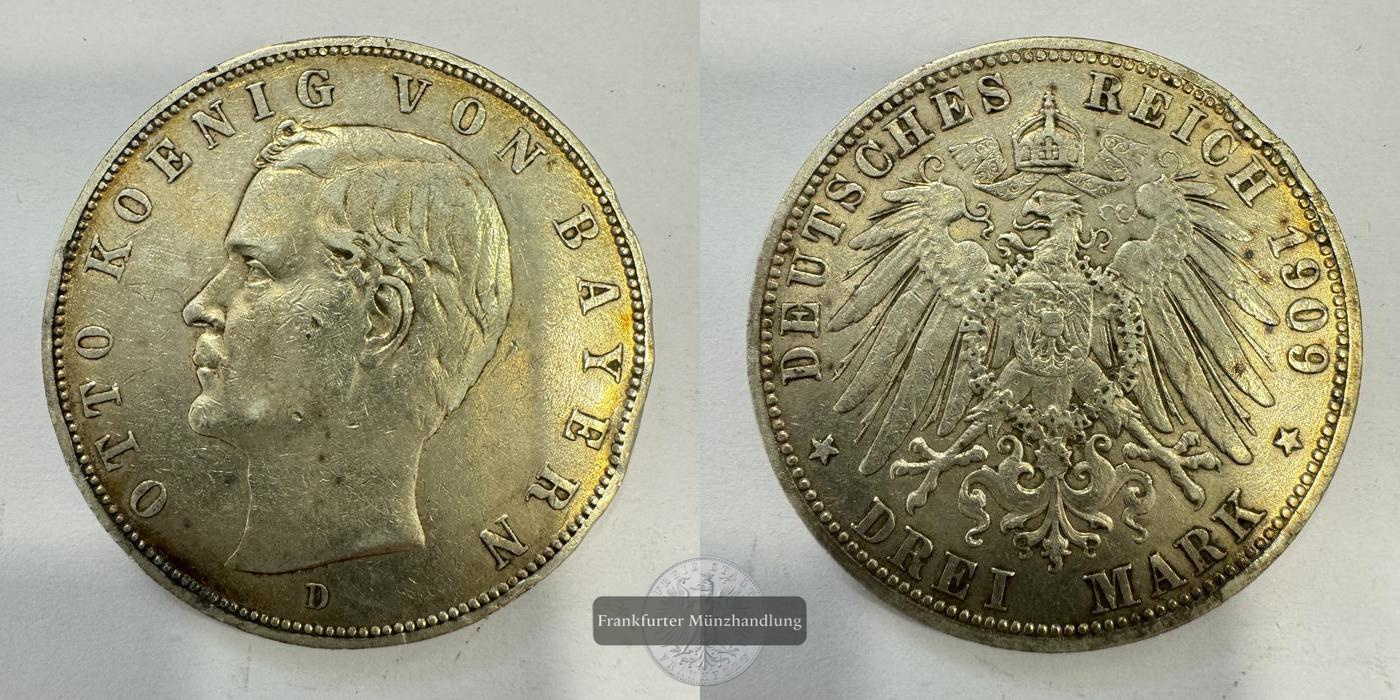  Dt. Kaiserreich Bayern 3 Mark 1909 Otto 'D' FM-Frankfurt KM#996 Feinsilber: 15g   